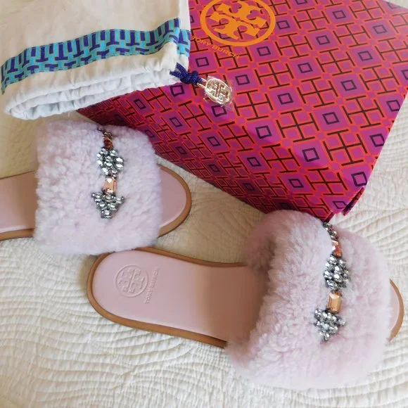 New Tory Burch Aspen Shearling sandals Sea Shell pink crystal embellished slides - Picture 16 of 16